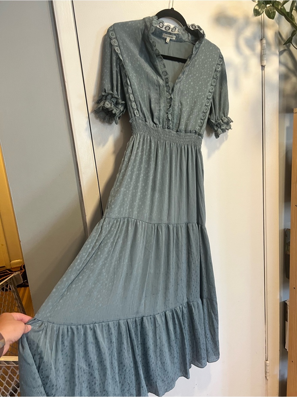 Max Studio Sage Blue Tiered Maxi Dress with Lace Accents - Picture 4 of 11